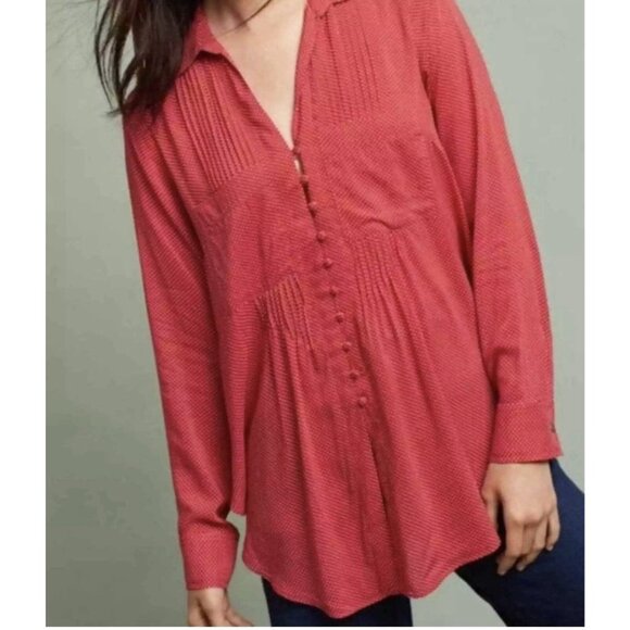 Anthropologie Maeve Shirt Small Blouse Polka Dot Matilda Red Long Sleeve - Picture 2 of 13